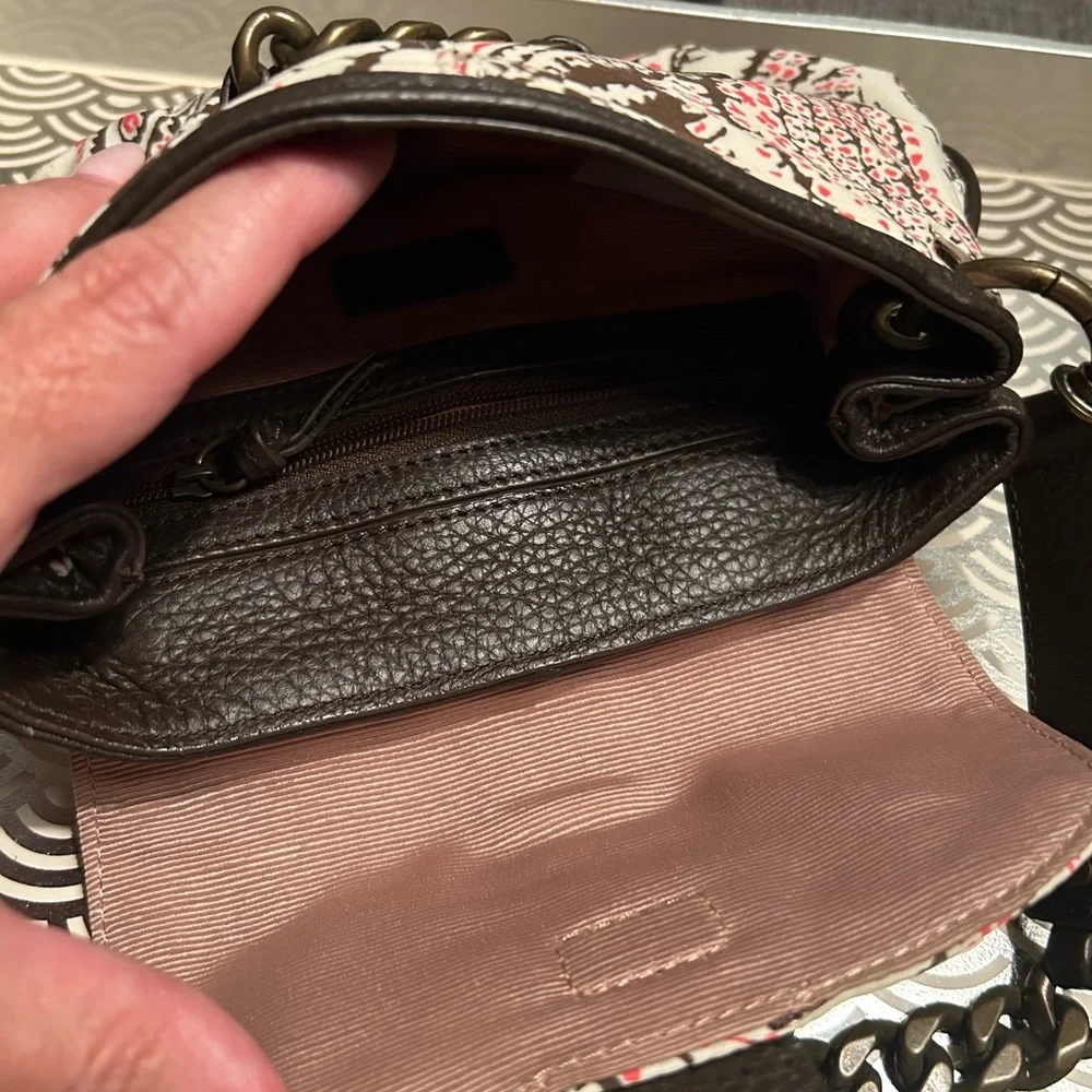 J.Crew 100% Silk Paisley Shoulder Bag Leather Trim Chain Strap Brown Pink Ivory